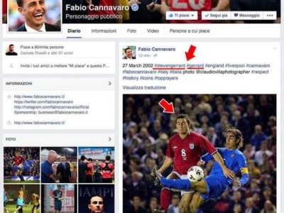 Lo scivolone di Cannavaro su Facebook